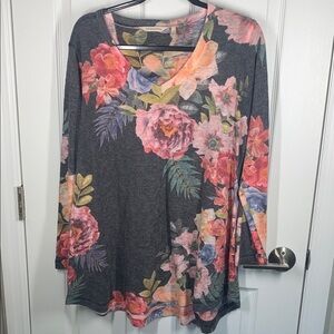 Soft Surroundings v-neck floral jersey/ sweater charcoal gray size large
